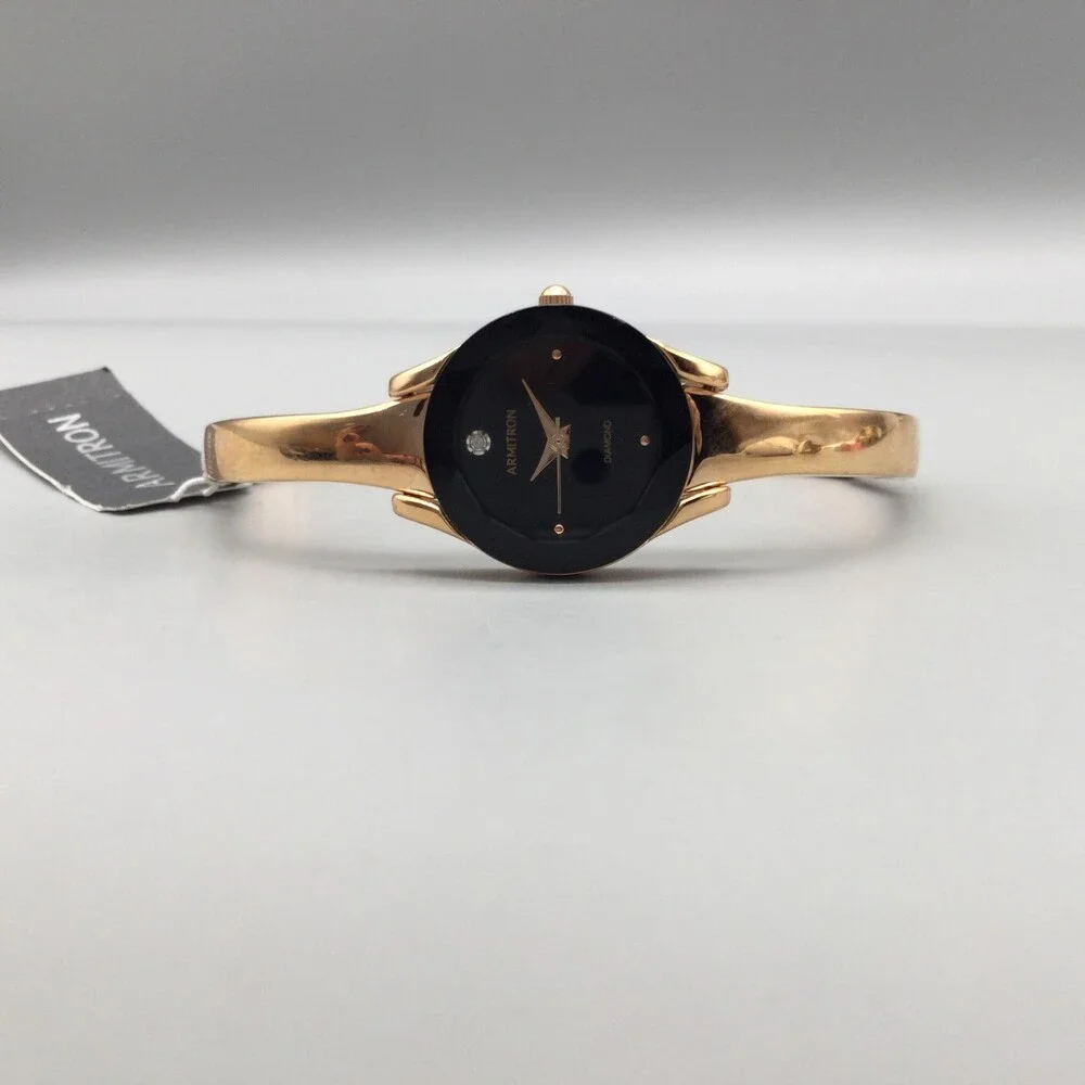 Armitron Diamond Womens Watch 23mm Black Dial Gold Tone New Battery 7.25